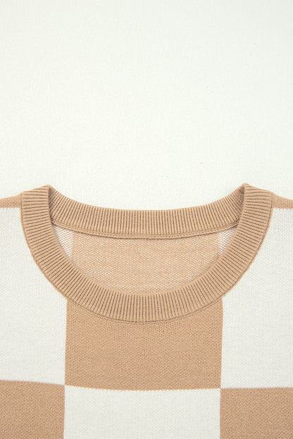 Checkered Colorblock Loose Knit Half Sleeve Sweater