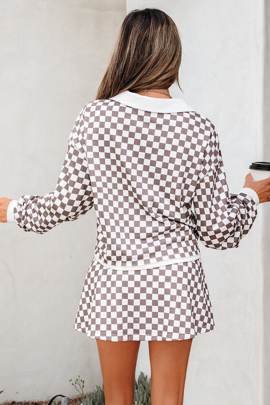 Checkered Print Polo Collar Cropped Long Sleeve Top Drawstring Mini Skirt Set