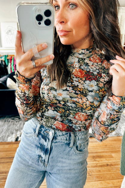 Brown Floral Mesh Long Sleeve Turtleneck Top