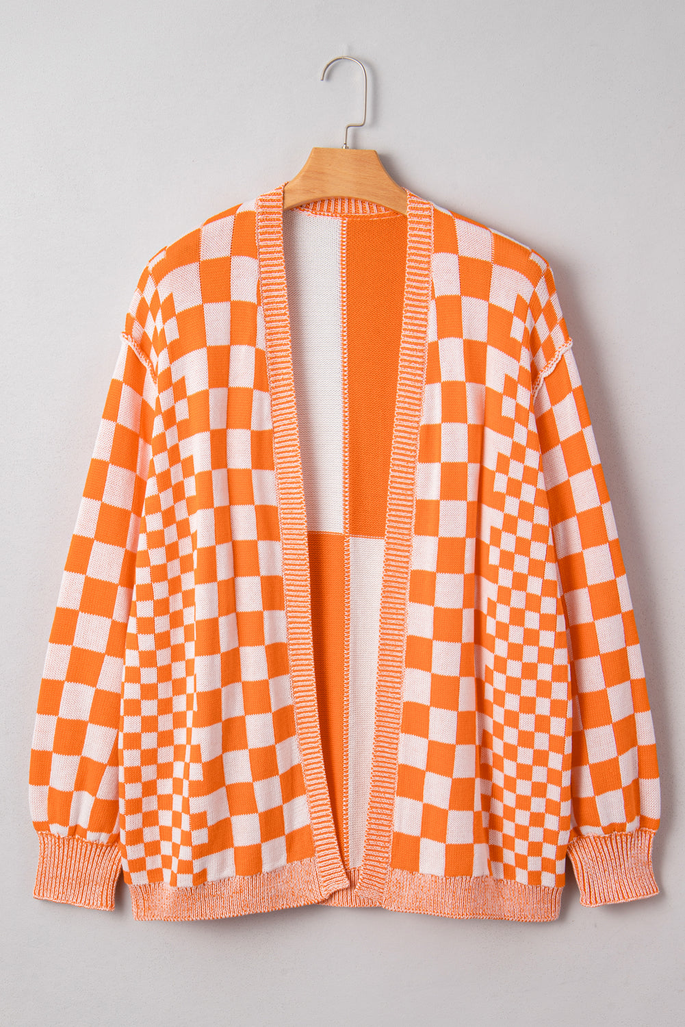 Checkered Bubble Sleeve Drop Shoulder Open Cardigan