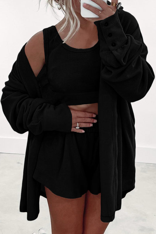 3 Piece Black Lounge Set with Cardigan