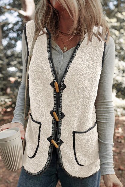 Cozy Sherpa Vest with Toggle Buttons and Patch Pockets