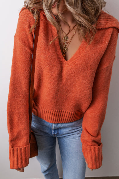 Collared V Neck Ribbed Edge Elegant Sweater