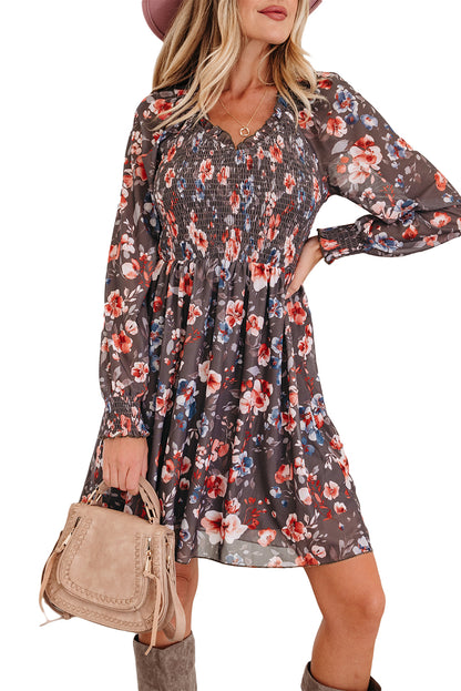 Fall Floral Smocked Bodice Mesh Long Sleeve Mini Dress