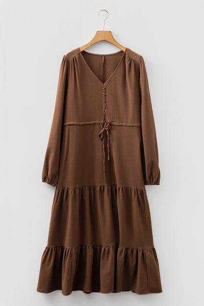 Solid Long Sleeve Button V Neck Tiered Maxi Dress