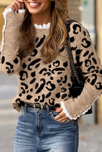 Leopard Print Lace Detail Long Sleeve Sweater