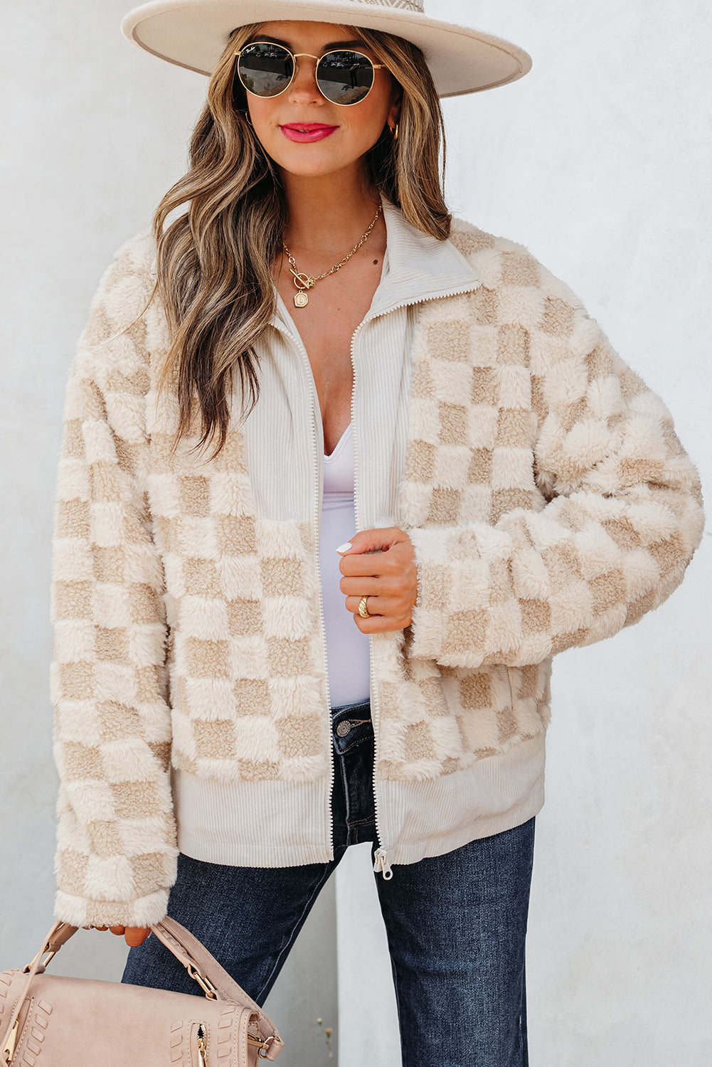 Khaki Checkered Sherpa Zip Up Jacket for Fall