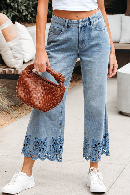 Embroidered Eyelet Wide Leg Cropped Jeans