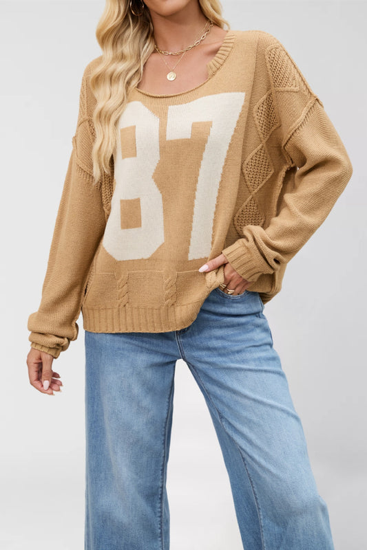 Casual Number Graphic Knit Sweater Long Sleeve Pullover