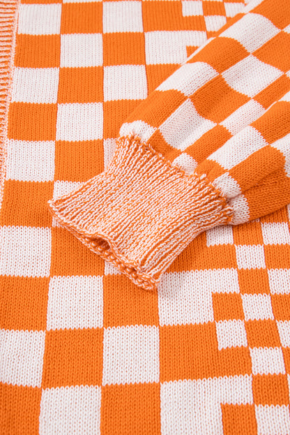 Checkered Bubble Sleeve Drop Shoulder Open Cardigan