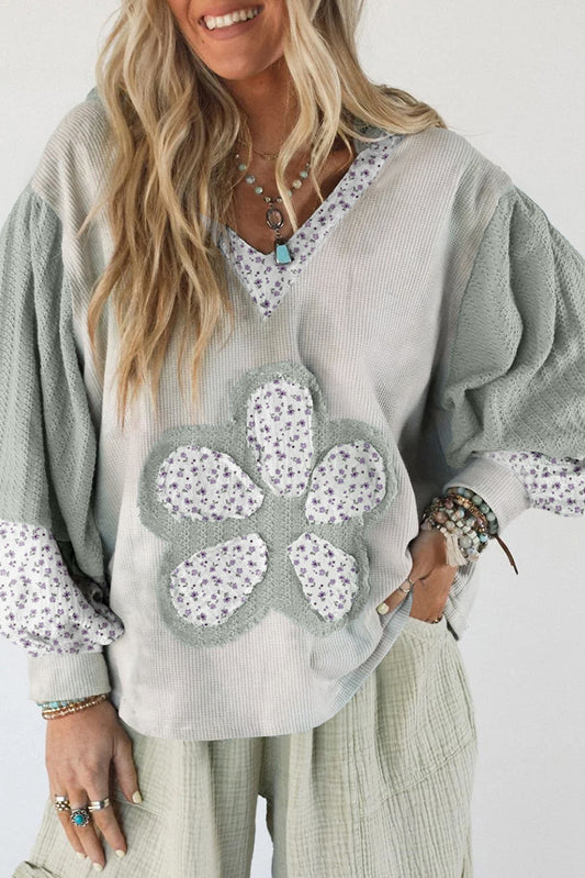 Floral Patchwork Waffle Knit V Neck Hooded Top