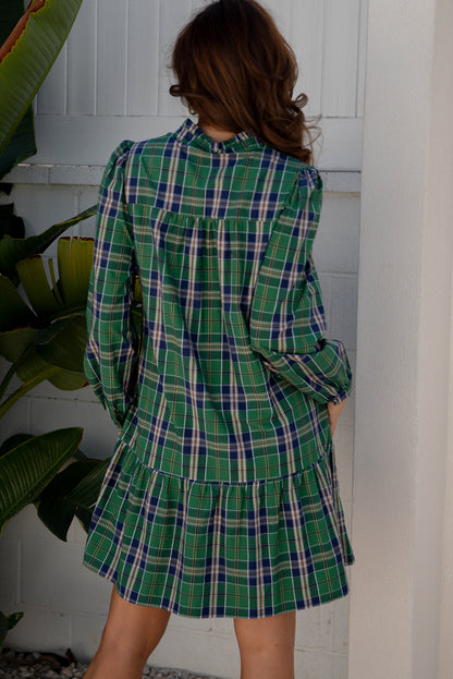 Plaid Ruffle Collar Long Sleeve Casual Mini Dress