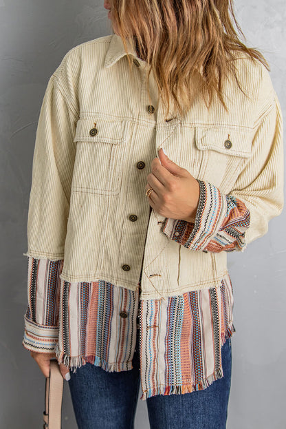Striped Color Block Corduroy Jacket with Pockets