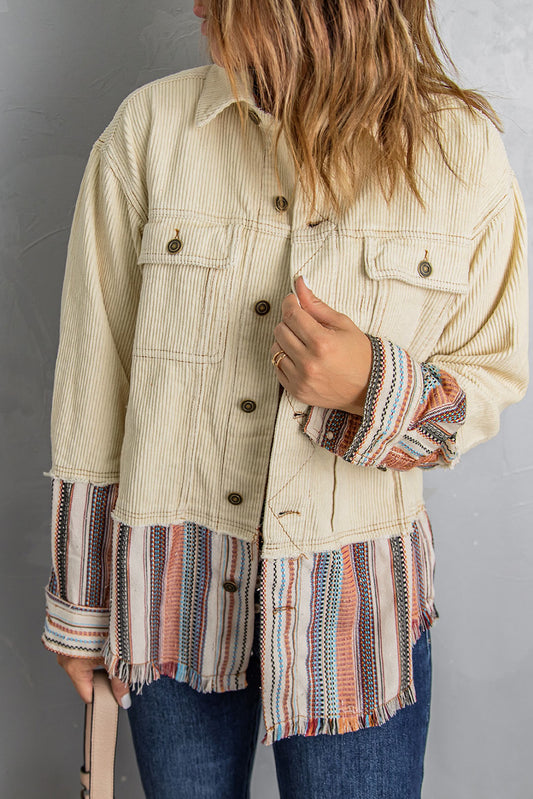 Striped Color Block Corduroy Jacket with Pockets