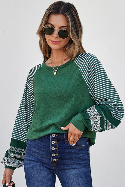 Contrast Print Striped Raglan Long Sleeve Loose Top