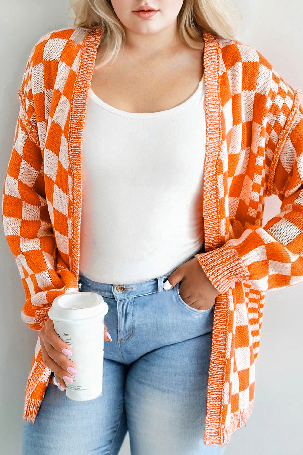 Checkered Bubble Sleeve Drop Shoulder Open Cardigan
