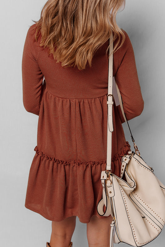 Straw Yellow Ribbed Ruffle Long Sleeve Mini Dress