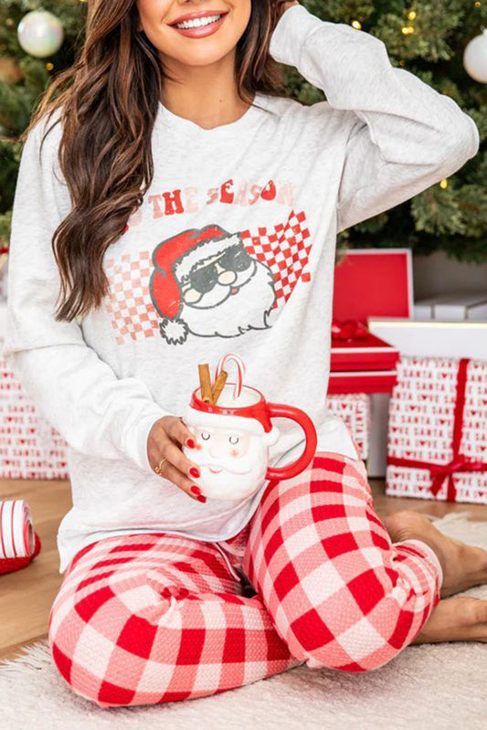 Christmas Claus Graphic Top Plaid Pants Lounge Set