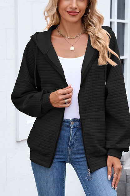 Quilted Zip-Up Hoodie Casual Long Sleeve Sweatshirt