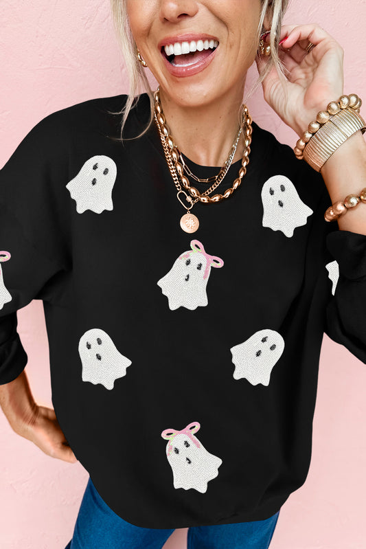 Black Sequin Ghost Bow Graphic Halloween Sweatshirt