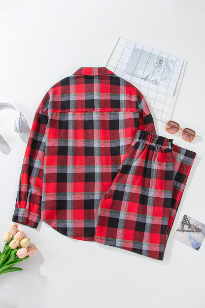 Christmas Plaid Button Up Top and High Waist Pants Set