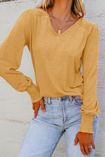Shirred Shoulder Frilled Cuffs Long Sleeve Top