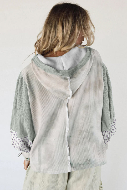 Floral Patchwork Waffle Knit V Neck Hooded Top