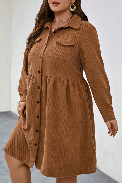 Corduroy Button Up Collared Plus Size Shirt Dress