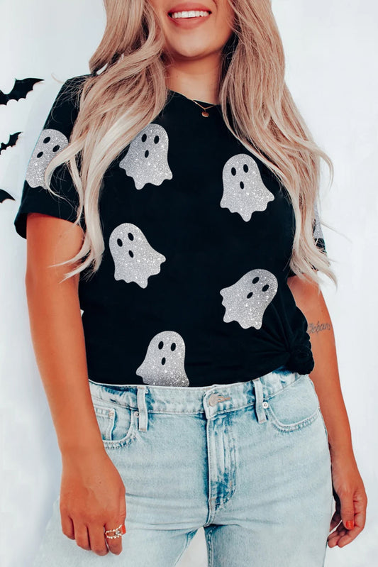 Black Glitter Ghost Pattern Halloween T Shirt