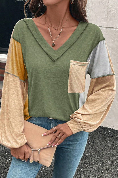 Colorblock V Neck Exposed Stitch Long Sleeve Top