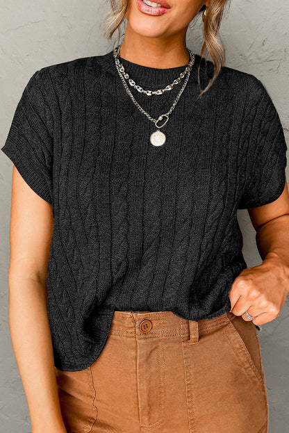 Crew Neck Cable Knit Short Sleeve Sweater