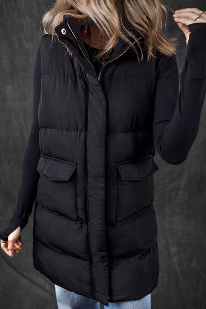 Windproof Longline Puffer Vest with Pockets