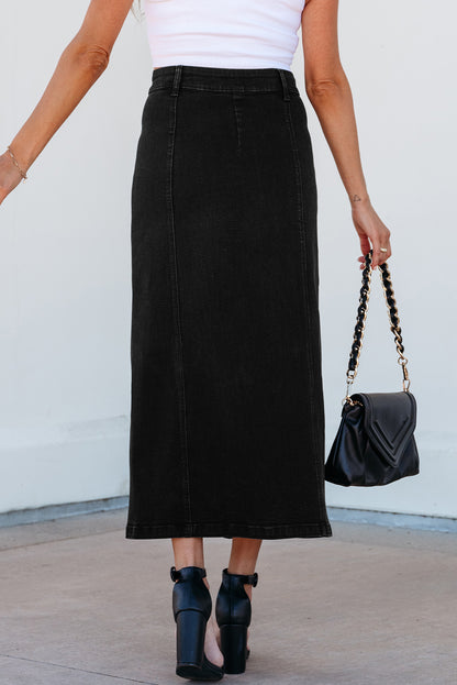 High Waist Black Denim Midi Skirt with Front Slit