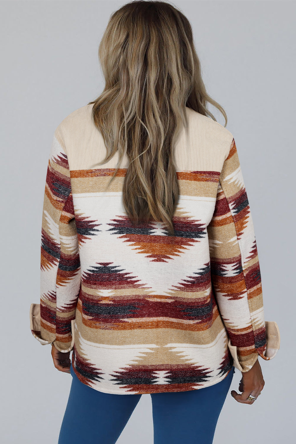 Multicolor Western Aztec Striped Raw Hem Shacket