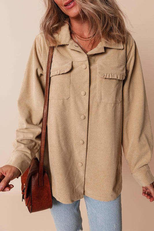 Light French Solid Frilled Flap Pocket Button Up Corduroy Shacket