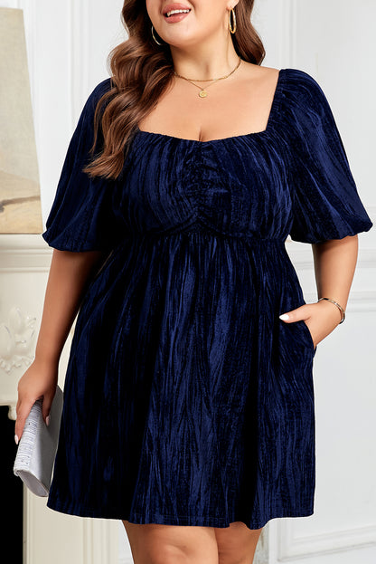 Velvet Ruched Bust Square Neck Puff Sleeve Plus Dress