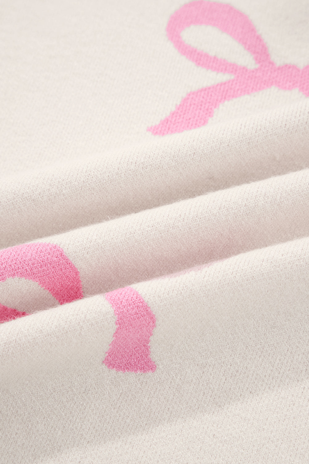 Pink Bow Print Ribbed Trim Casual Loose Sweater