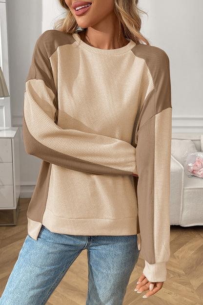 Colorblock Waffle Knit Crewneck Long Sleeve Top