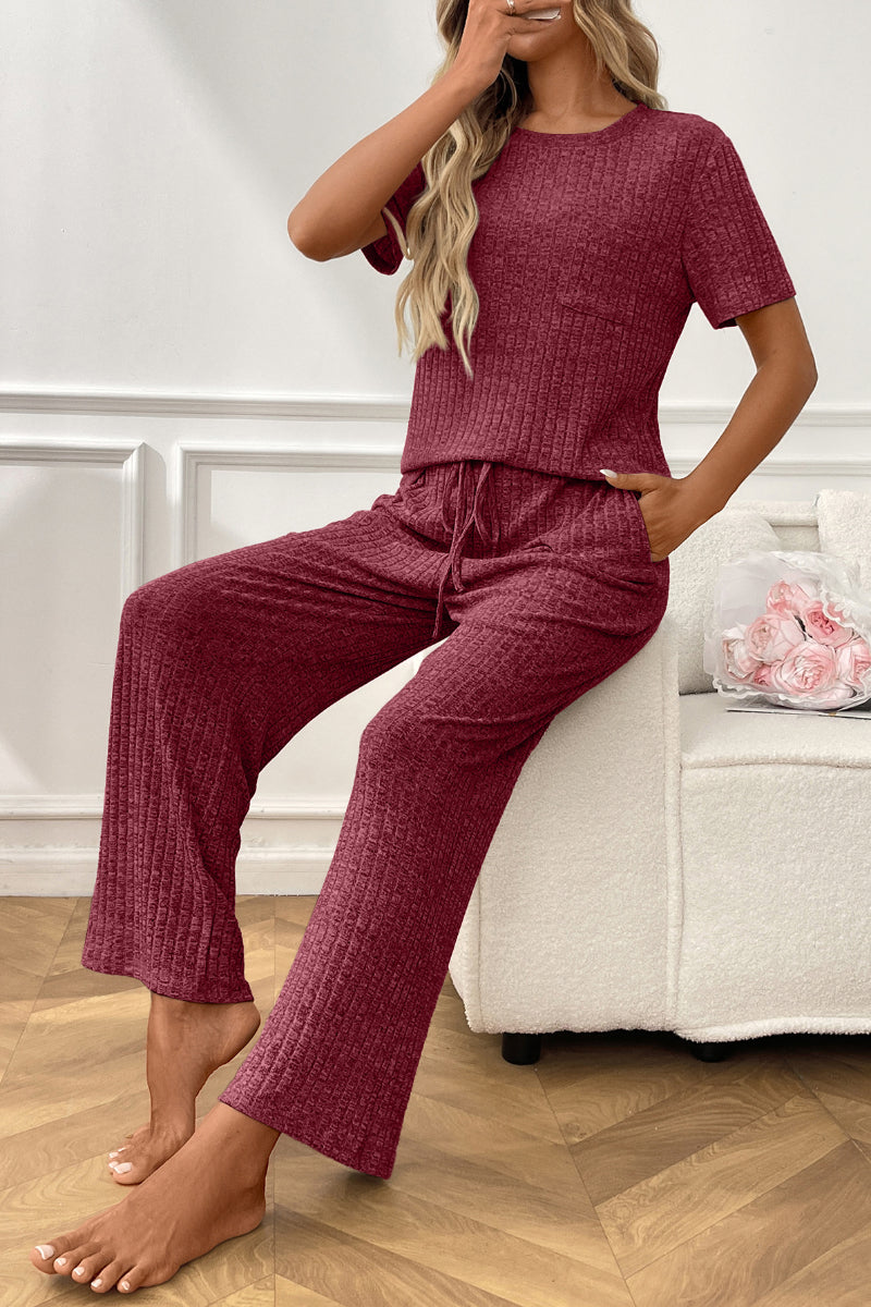 Women’s Casual Ribbed Pajama Set, Short Sleeve Pants