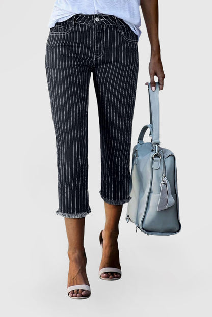 Women's Capri Jeans Stretchy Straight Leg Denim Pants White Stripe