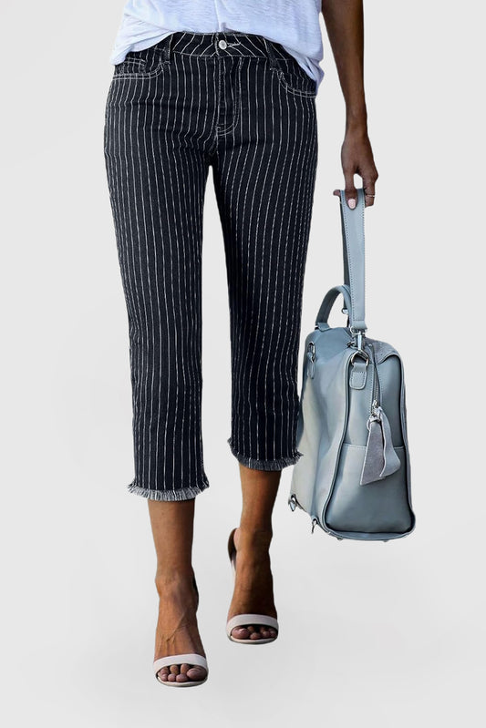 Women's Capri Jeans Stretchy Straight Leg Denim Pants White Stripe