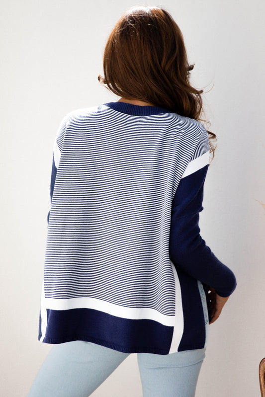 Stripe Color Block Patchwork Dolman Oversize Tunic Sweater