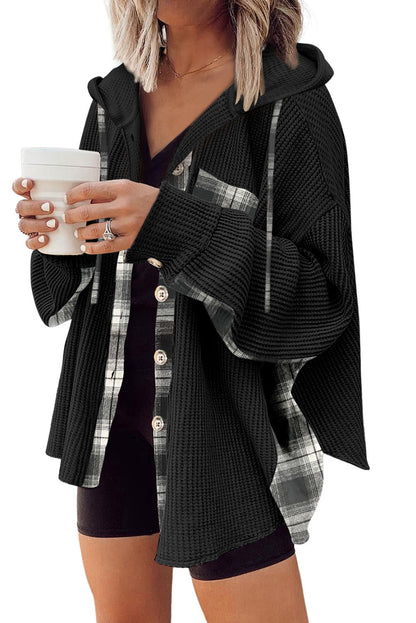 Black Waffle Knit Plaid Hooded Shacket