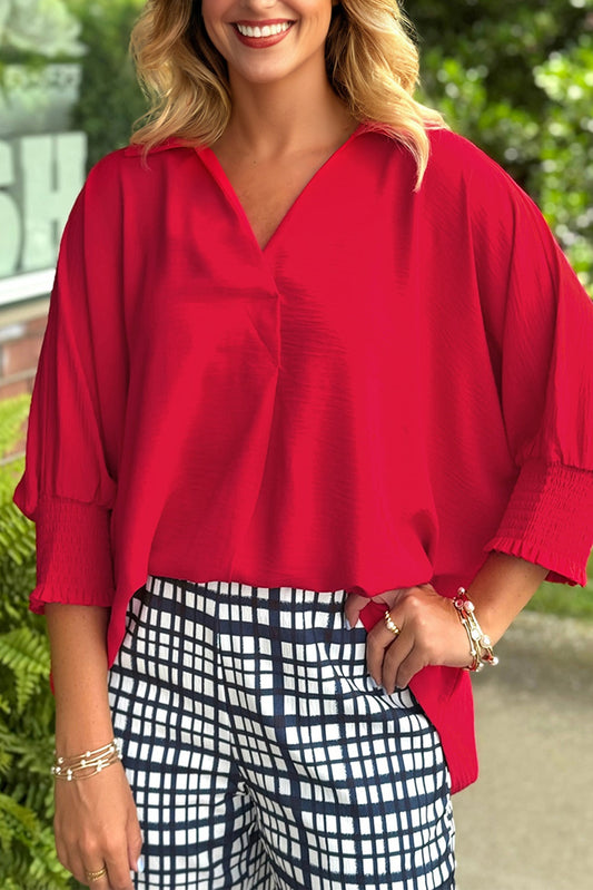 V Neck Collared Shirred Oversized Tunic Top