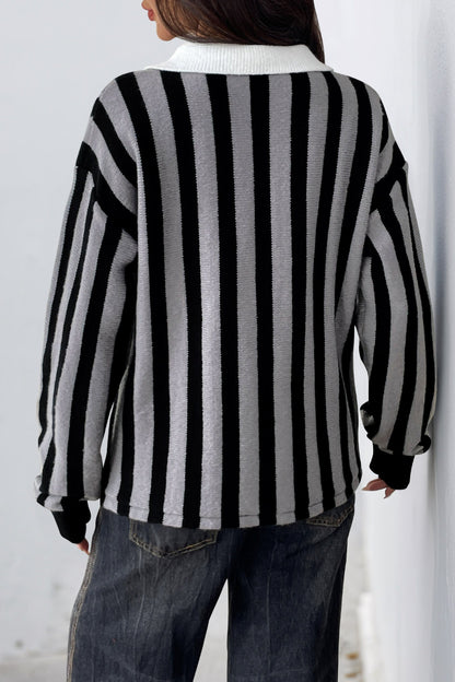 Striped Knit Collared Pullover Sweater Top