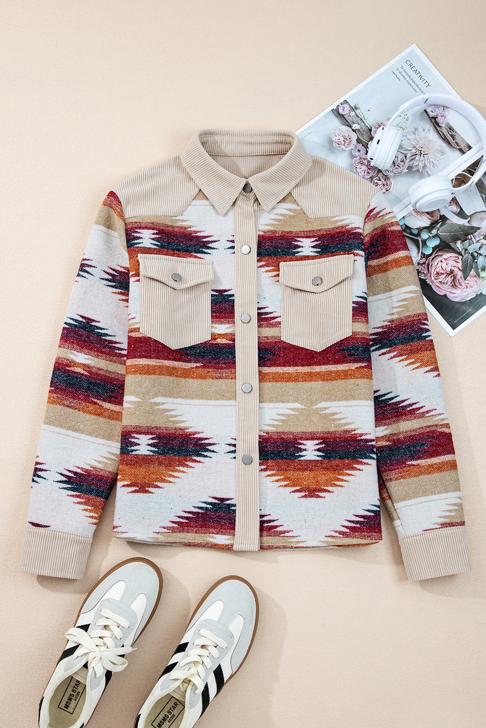 Multicolor Western Aztec Striped Raw Hem Shacket