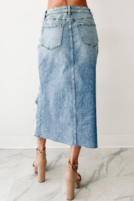 Irregular Distressed Bottom Denim Midi Skirt