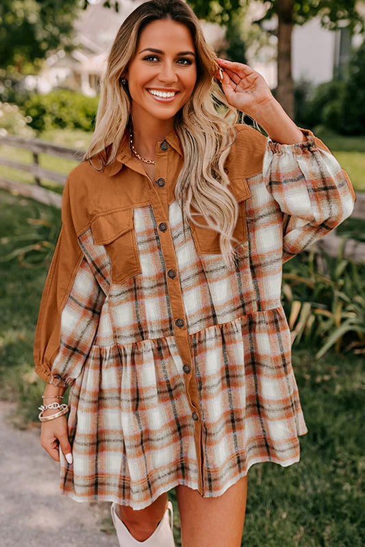 Plaid Color Block Button Up Tunic Shirt Dress