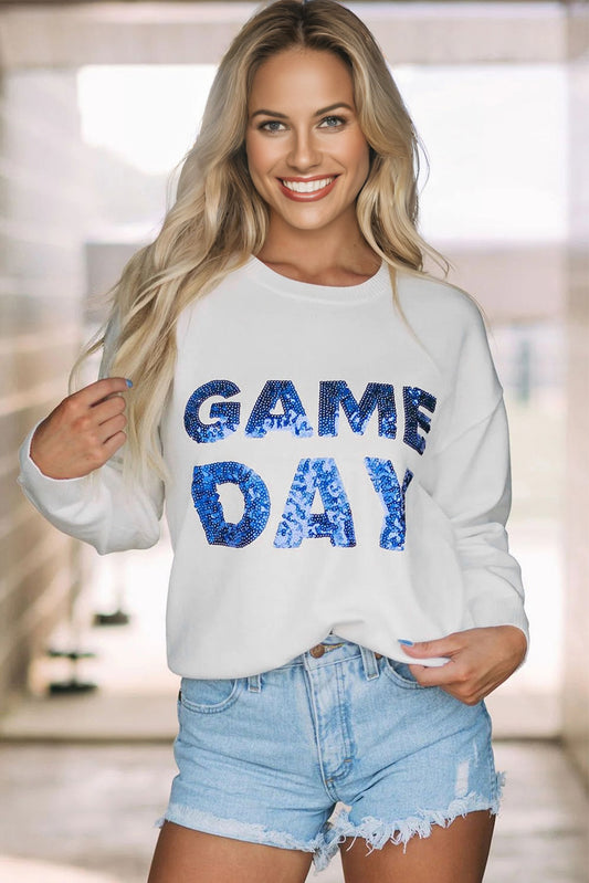 White Sequin GAME DAY Graphic Round Neck Sweater