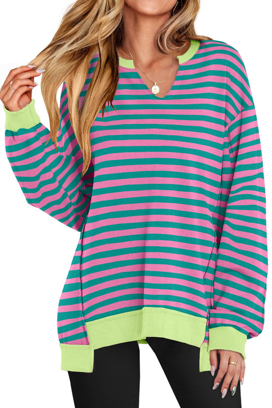 Womens Striped V Neck Pullover Sweatshirt Top